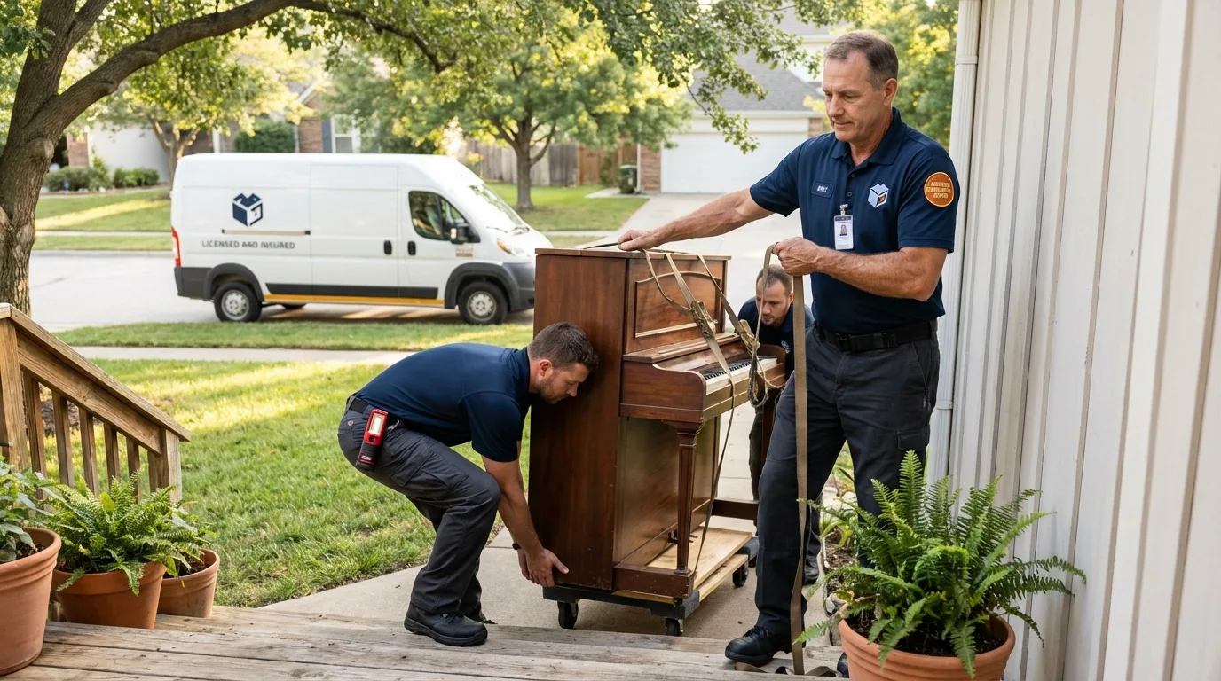 Licensed piano movers securing grand piano in Prosperity, SC